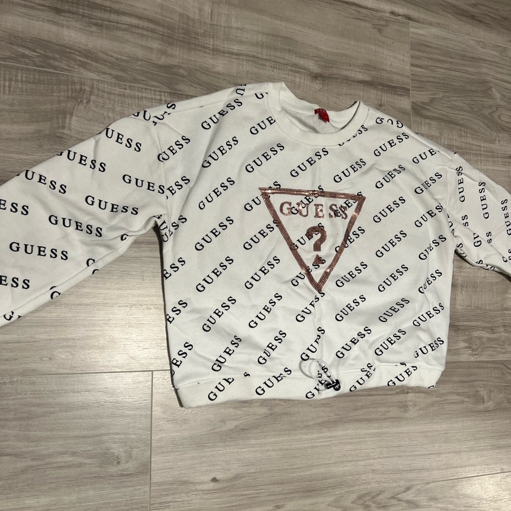 Guess All Over Print Sparkle Logo Cropped Crewneck